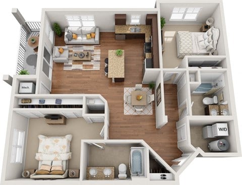 Floor plan for 2 beds, 2 baths, 1197 sqft